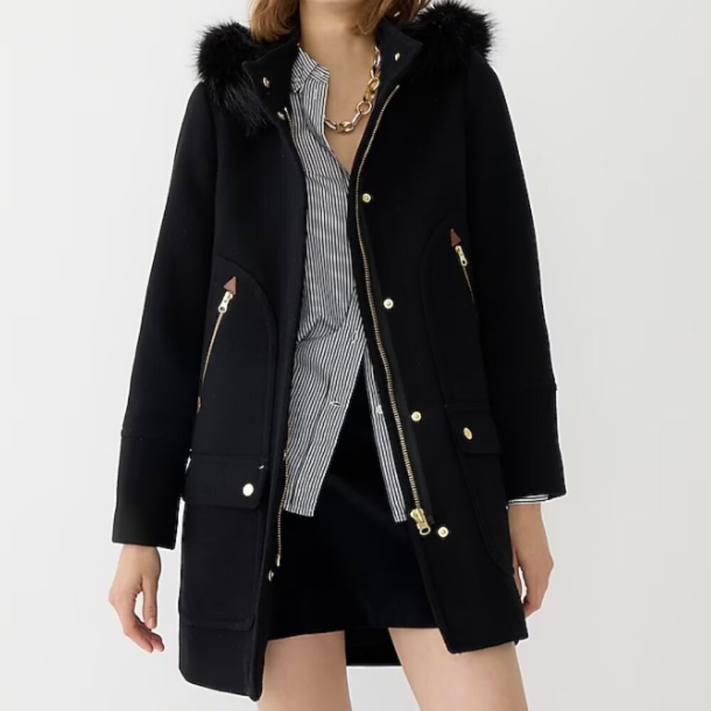 EUC J.Crew Chateau Parka Coat Italian Stadium Cloth Wool Black Size 0